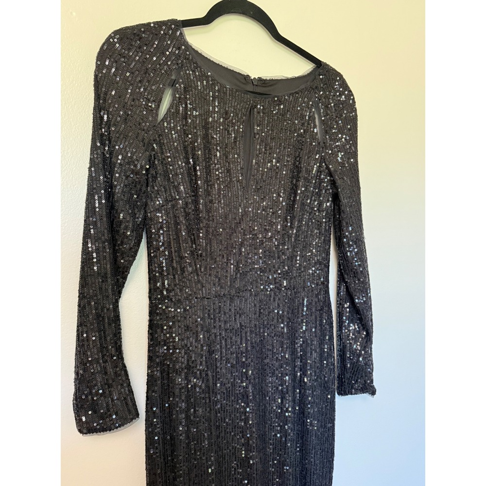 Black Sequin Long Sleeve Maxi Dress Shoulder Cut Out Side Slit Formal Gown - Picture 9 of 16